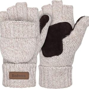 Thermal Insulated Fingerless Wool Gloves with Convertible Mittens Flap – Winter Warm Texting Gloves for Men & Women