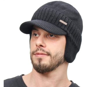 Men’s Winter Beanie with Visor and Earflaps – Outdoor Fleece Hat and Scarf Set