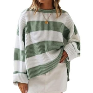 ZESICA Women’s 2024 Fall Oversized Knitted Sweater – Long Sleeve Crew Neck Striped Color Block Pullover